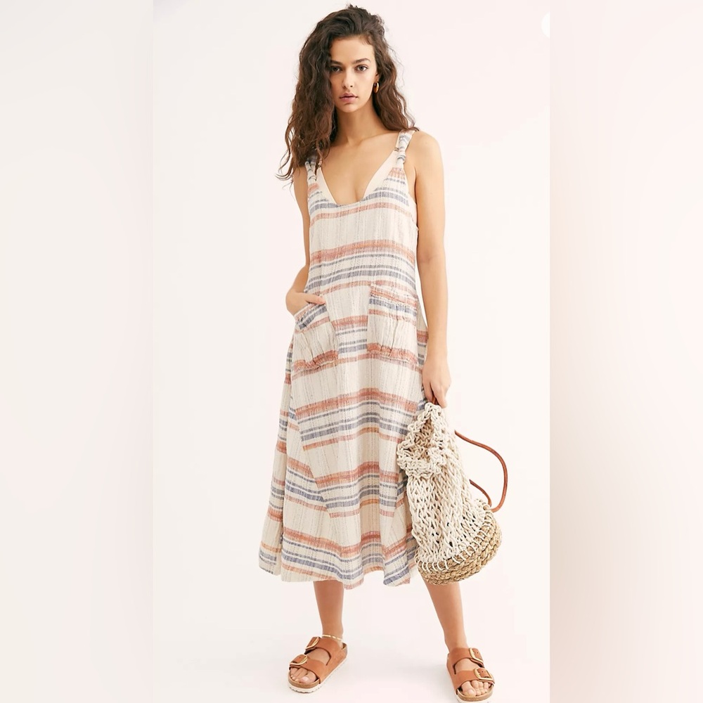 Free People Striped Midi Dress - Cream and Tan